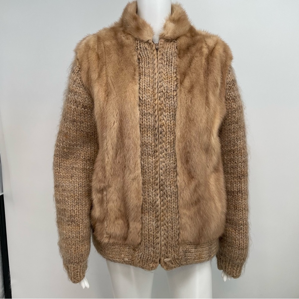 THE FUR VAULT  FUR COAT JACKET With Knitted Details Women’s L Brown Inner Pocket